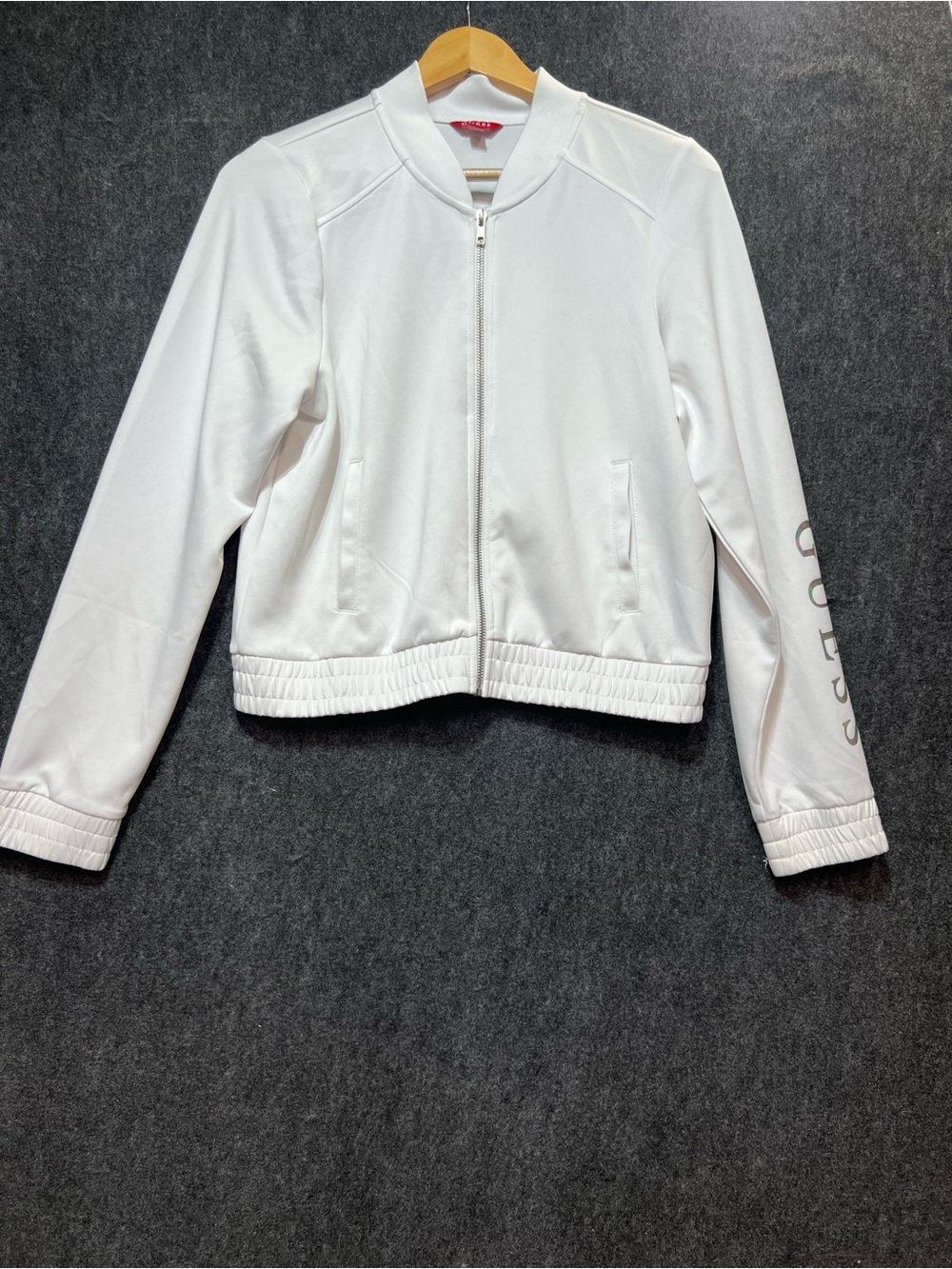 GUESS White Zip Bomber Jacket with Sleeve Logo